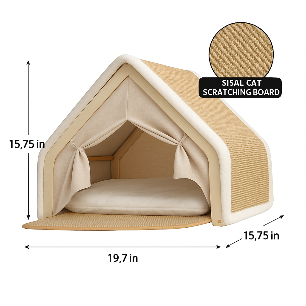 Solid Wood Cat House – Built‑in Sisal Scratch Board for Healthy Claws