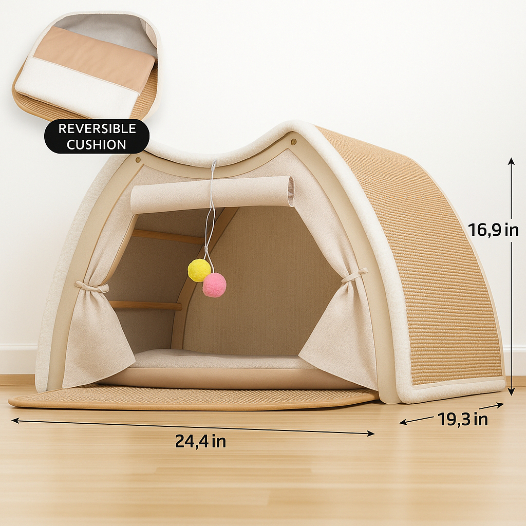 Solid Wood Cat House – Built‑in Sisal Scratch Board for Healthy Claws