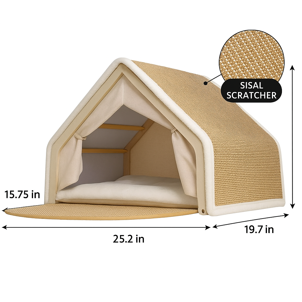 Solid Wood Cat House – Built‑in Sisal Scratch Board for Healthy Claws
